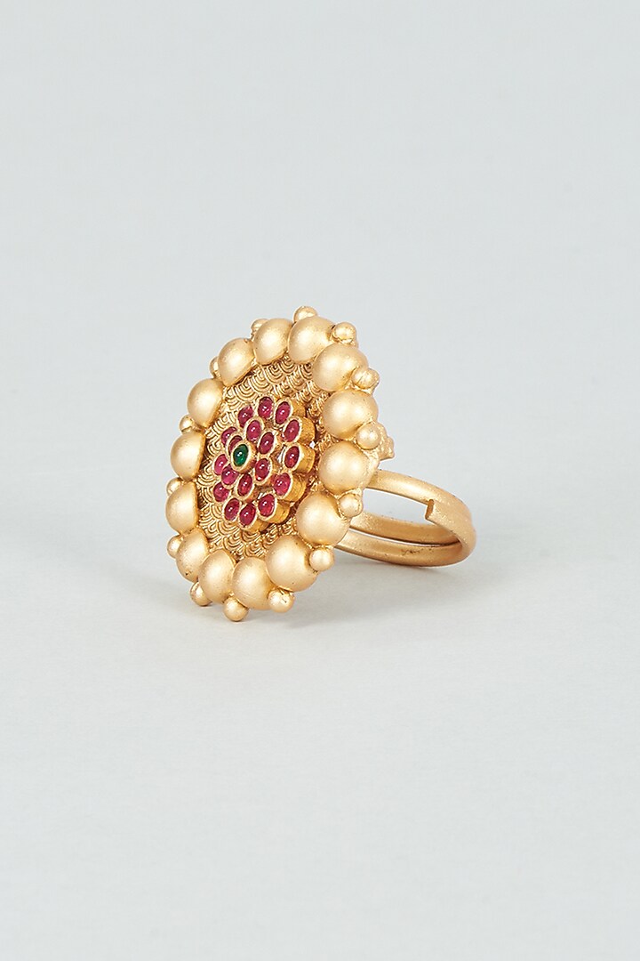 Gold Finish Ruby Synthetic Temple Ring by VASTRAA Jewellery at Pernia's Pop Up Shop