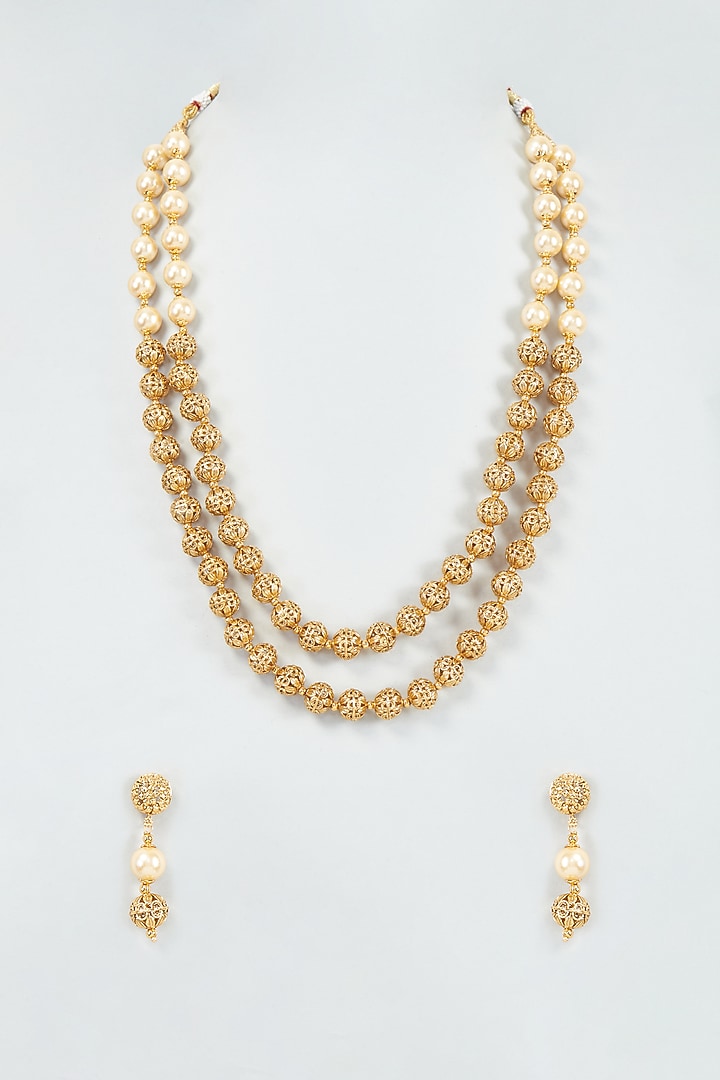 Gold Finish Pearl & Kundan Polki Temple Mala Set by VASTRAA Jewellery at Pernia's Pop Up Shop