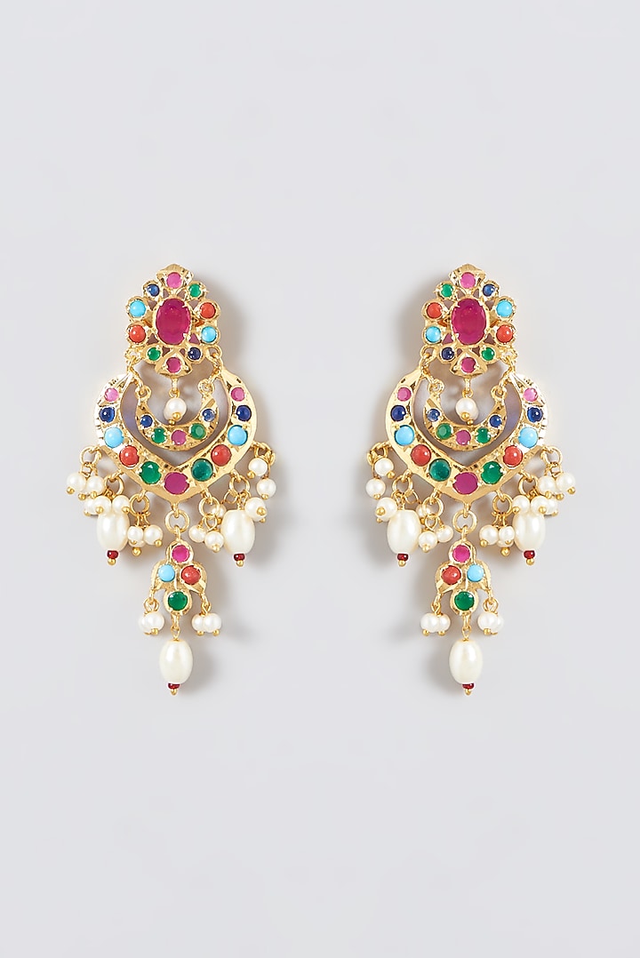 Gold Finish Kundan Polki & Multi-Colored Stone Dangler Earrings by VASTRAA Jewellery at Pernia's Pop Up Shop