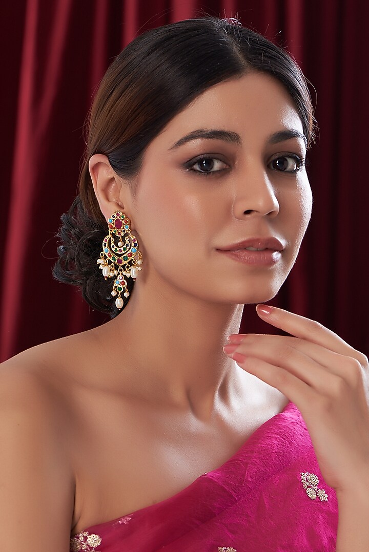 Gold Finish Kundan Polki & Multi-Colored Stone Dangler Earrings by VASTRAA Jewellery at Pernia's Pop Up Shop