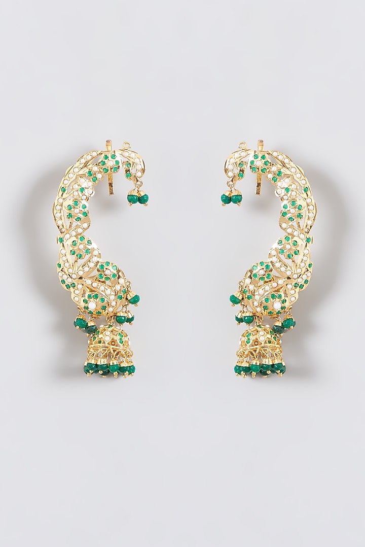 Gold Finish Kundan Polki & Emerald Jhumka Earrings by VASTRAA Jewellery at Pernia's Pop Up Shop