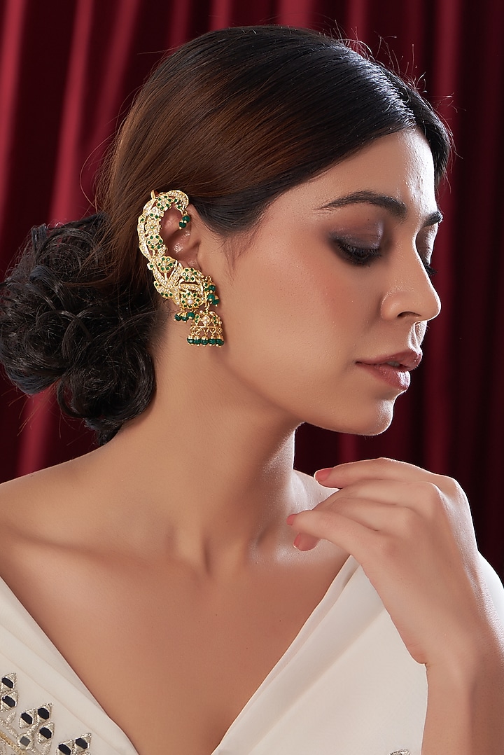Gold Finish Kundan Polki & Emerald Jhumka Earrings by VASTRAA Jewellery at Pernia's Pop Up Shop