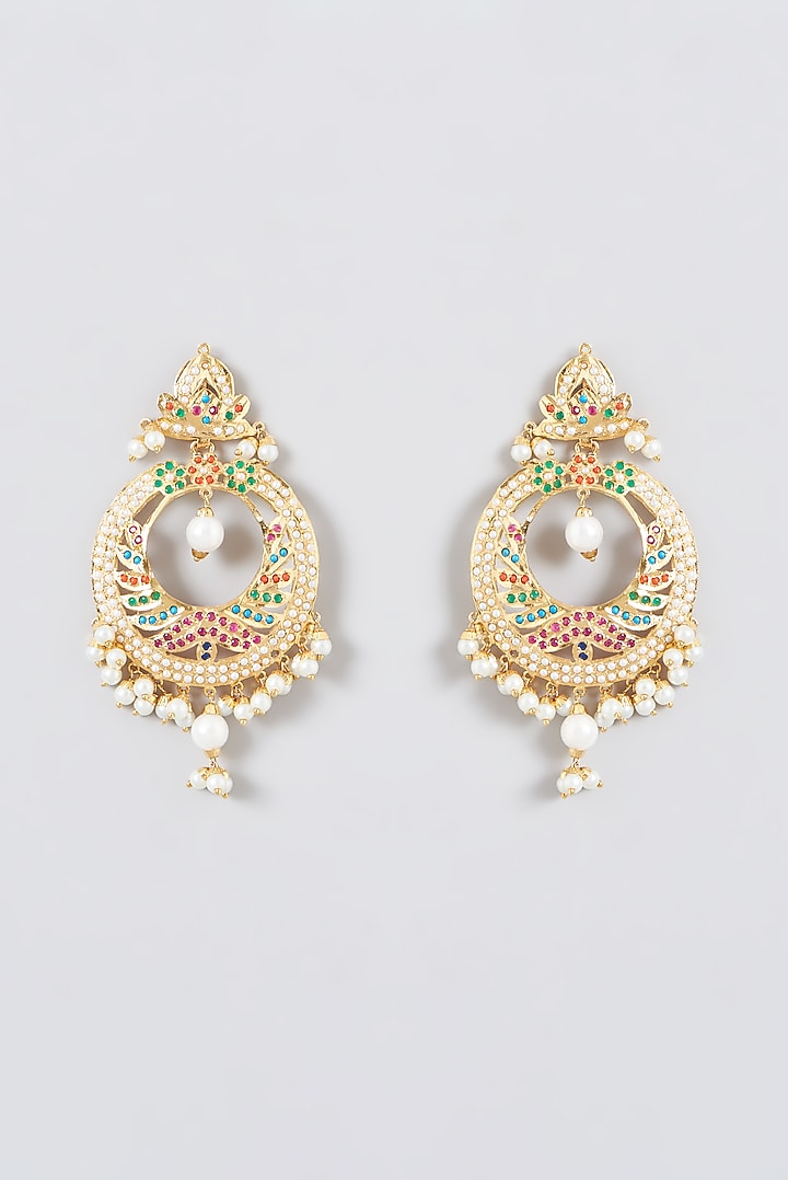 Gold Finish Kundan Polki & Multi-Colored Stone Chandbali Earrings by VASTRAA Jewellery at Pernia's Pop Up Shop