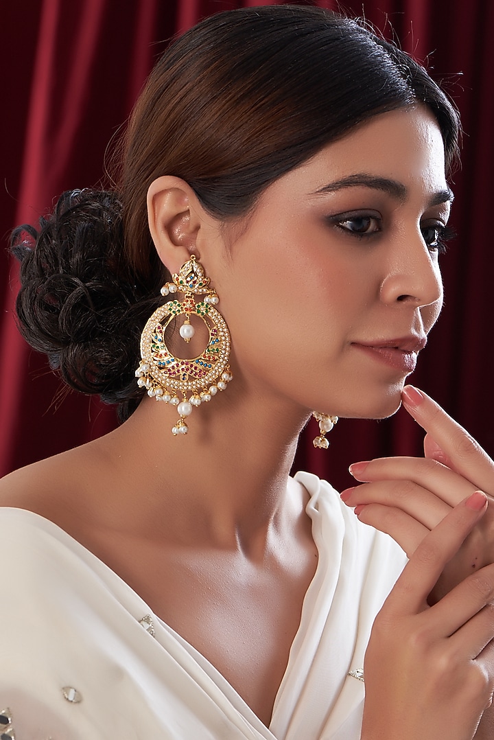 Gold Finish Kundan Polki & Multi-Colored Stone Chandbali Earrings by VASTRAA Jewellery at Pernia's Pop Up Shop