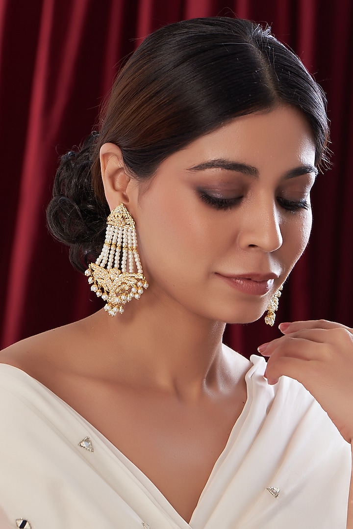Gold Finish Kundan Polki & Pearl Dangler Earrings by VASTRAA Jewellery at Pernia's Pop Up Shop