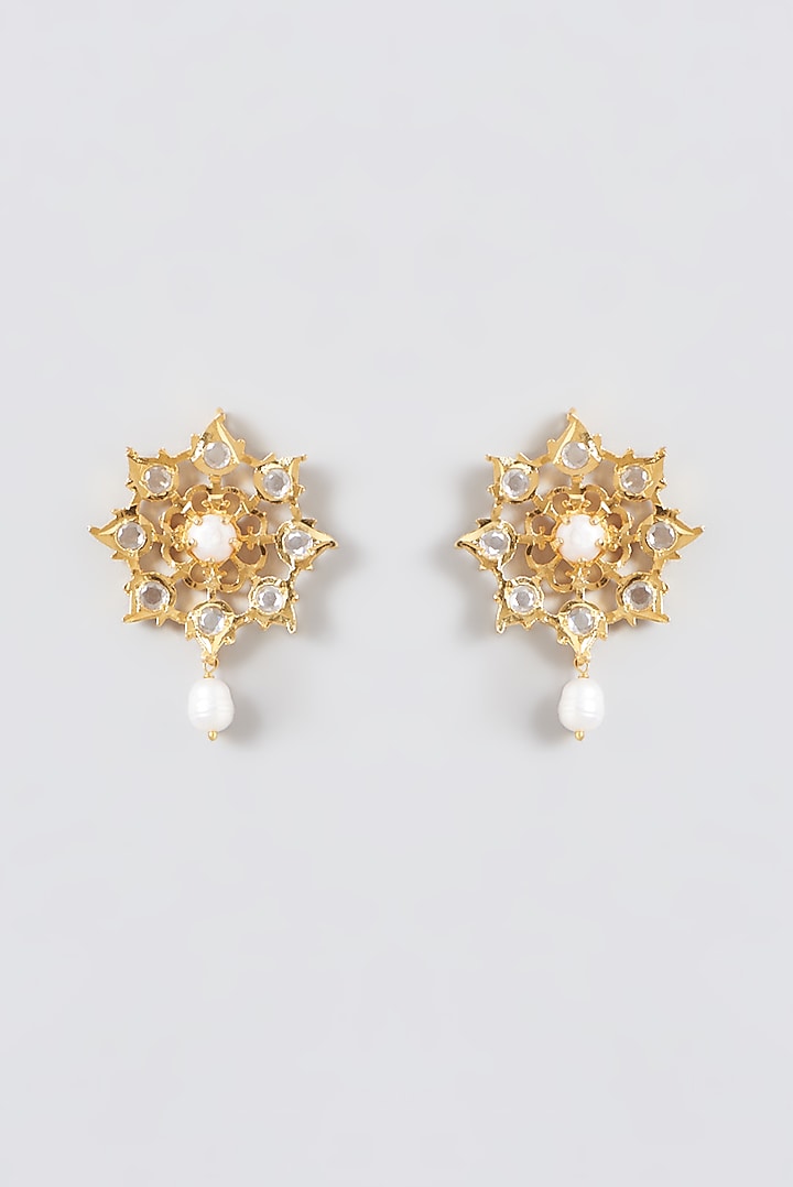 Gold Finish Kundan Polki & Pearl Stud Earrings by VASTRAA Jewellery at Pernia's Pop Up Shop