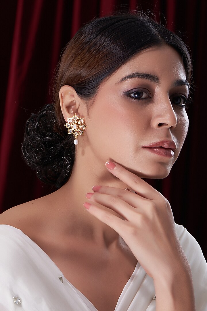 Gold Finish Kundan Polki & Pearl Stud Earrings by VASTRAA Jewellery at Pernia's Pop Up Shop