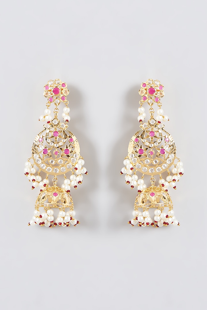 Gold Finish Kundan Polki & Multi-Colored Stone Dangler Earrings by VASTRAA Jewellery at Pernia's Pop Up Shop