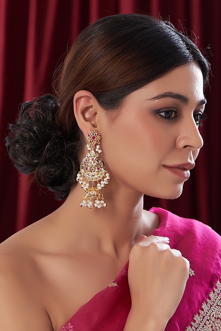 Gold Finish Kundan Polki & Multi-Colored Stone Dangler Earrings by VASTRAA Jewellery