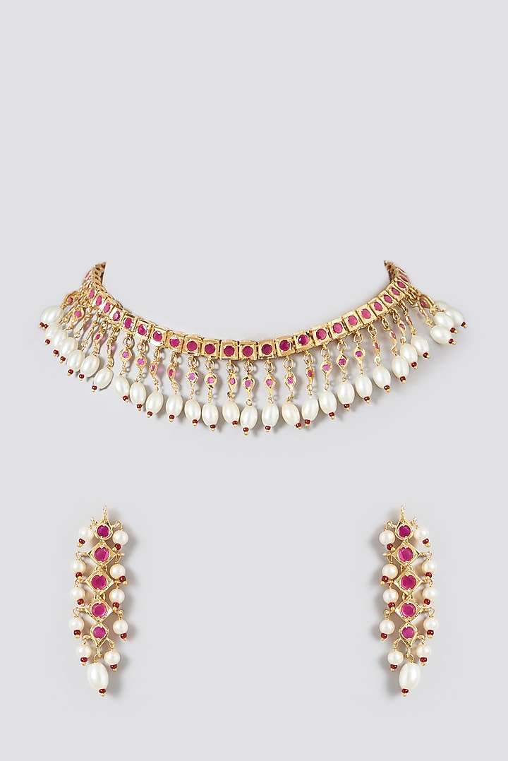 Gold Finish Ruby & Kundan Polki Necklace Set by VASTRAA Jewellery at Pernia's Pop Up Shop
