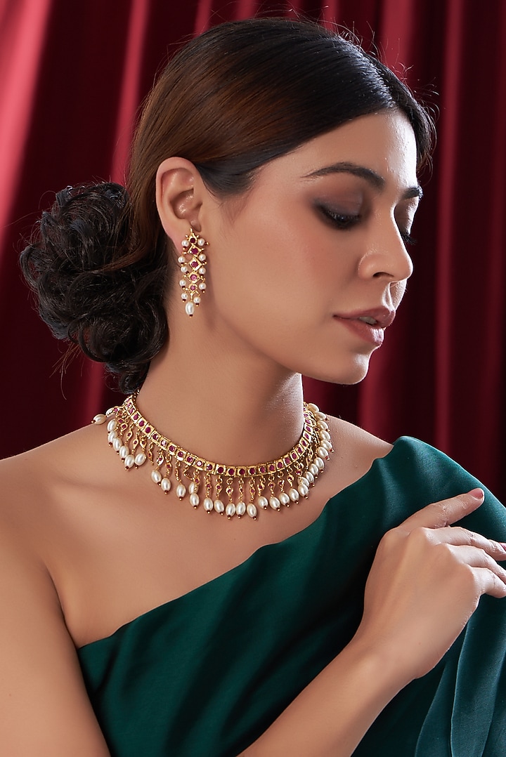 Gold Finish Ruby & Kundan Polki Necklace Set by VASTRAA Jewellery at Pernia's Pop Up Shop