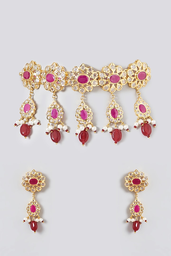 Gold Finish Ruby & Kundan Polki Choker Necklace Set by VASTRAA Jewellery at Pernia's Pop Up Shop