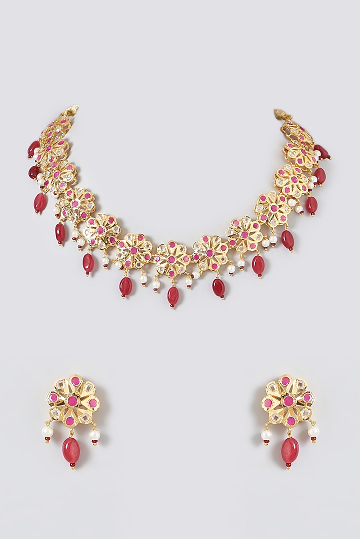 Gold Finish Ruby & Kundan Polki Choker Necklace Set by VASTRAA Jewellery at Pernia's Pop Up Shop