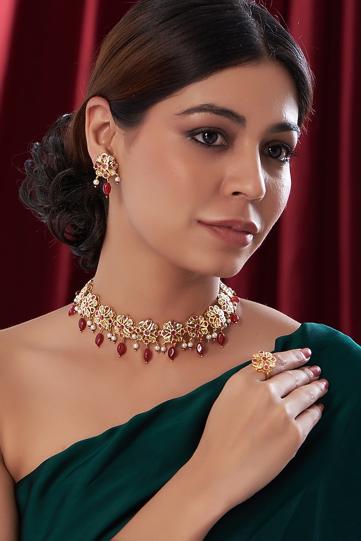Gold Finish Ruby & Kundan Polki Choker Necklace Set by VASTRAA Jewellery at Pernia's Pop Up Shop