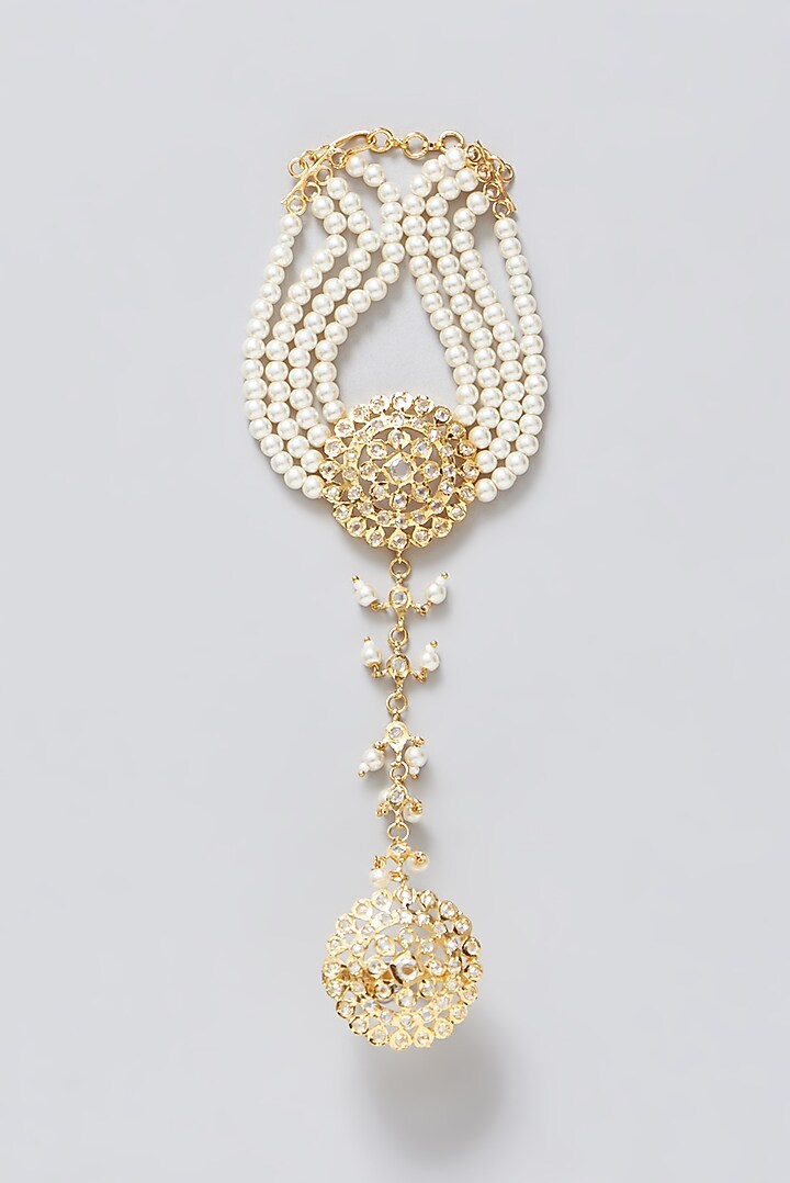 Gold Finish Pearl Haath Phool (Set Of 2) by VASTRAA Jewellery at Pernia's Pop Up Shop