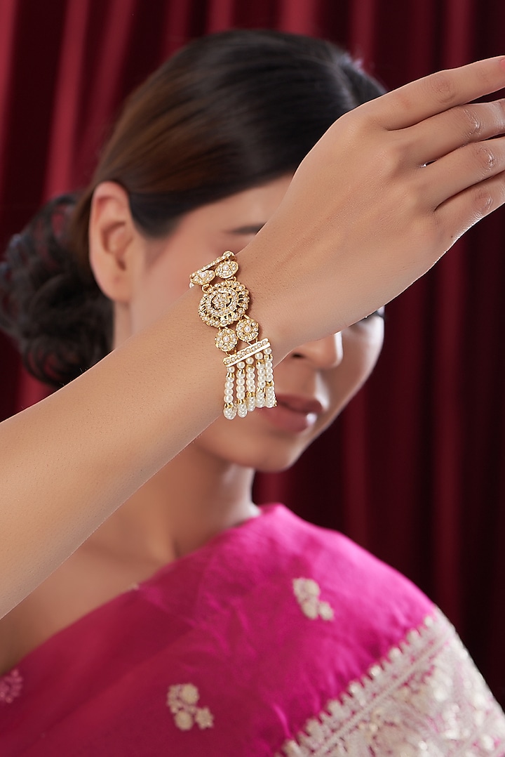 Gold Finish Kundan Polki Bracelet by VASTRAA Jewellery