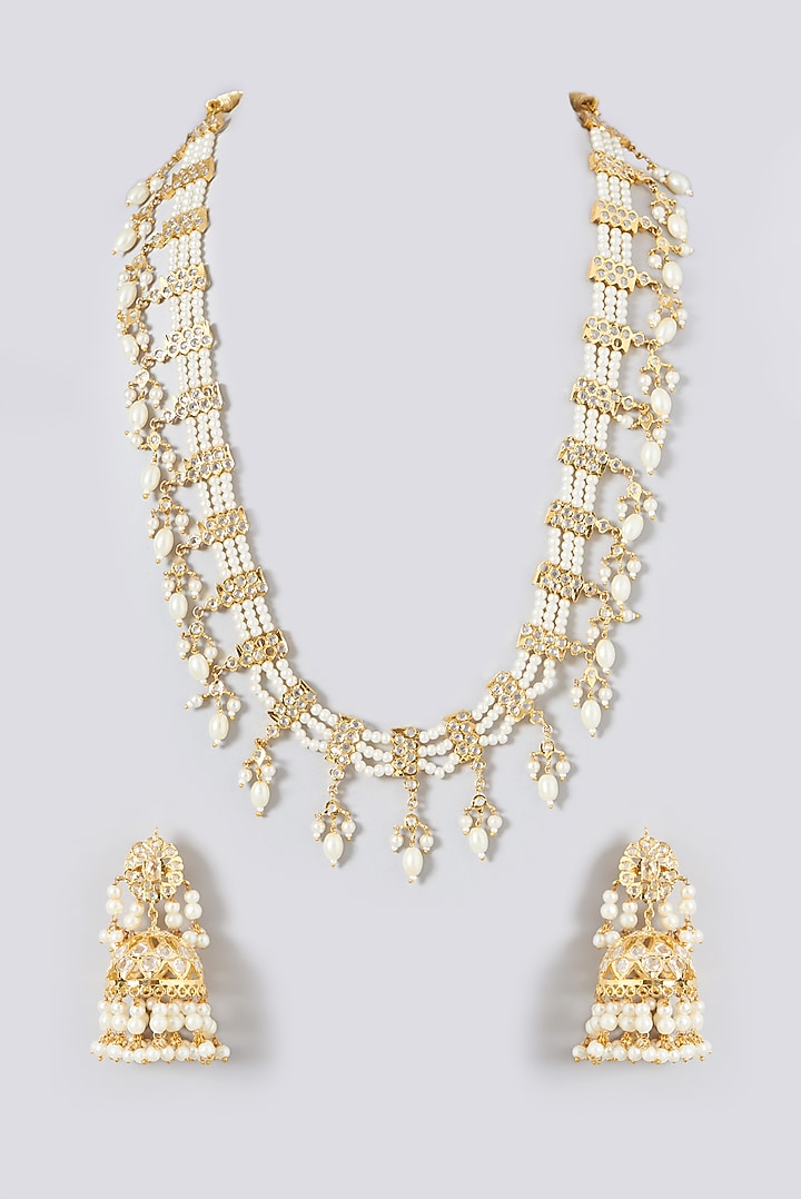 Gold Finish Kundan Polki & Pearls Long Necklace Set by VASTRAA Jewellery at Pernia's Pop Up Shop