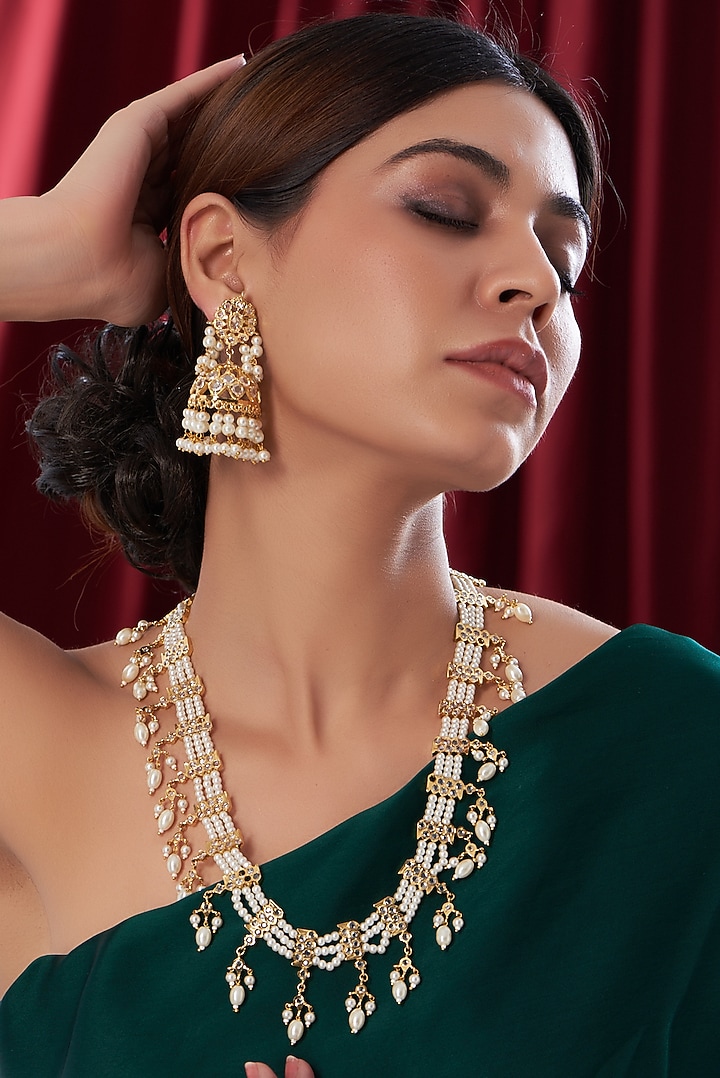 Gold Finish Kundan Polki & Pearls Long Necklace Set by VASTRAA Jewellery at Pernia's Pop Up Shop