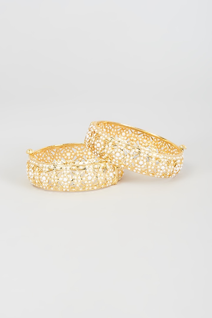 Gold Finish Pearl Bangles (Set of 2) by VASTRAA Jewellery at Pernia's Pop Up Shop