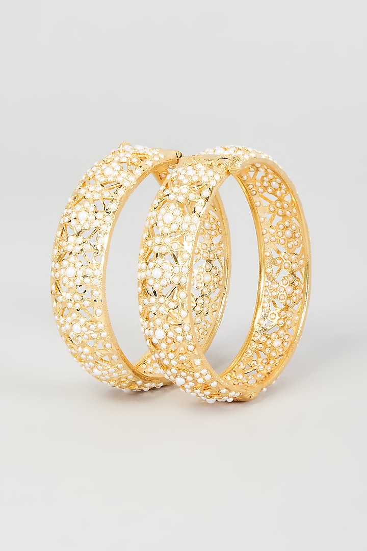 Gold Finish Pearl Bangles (Set of 2) by VASTRAA Jewellery