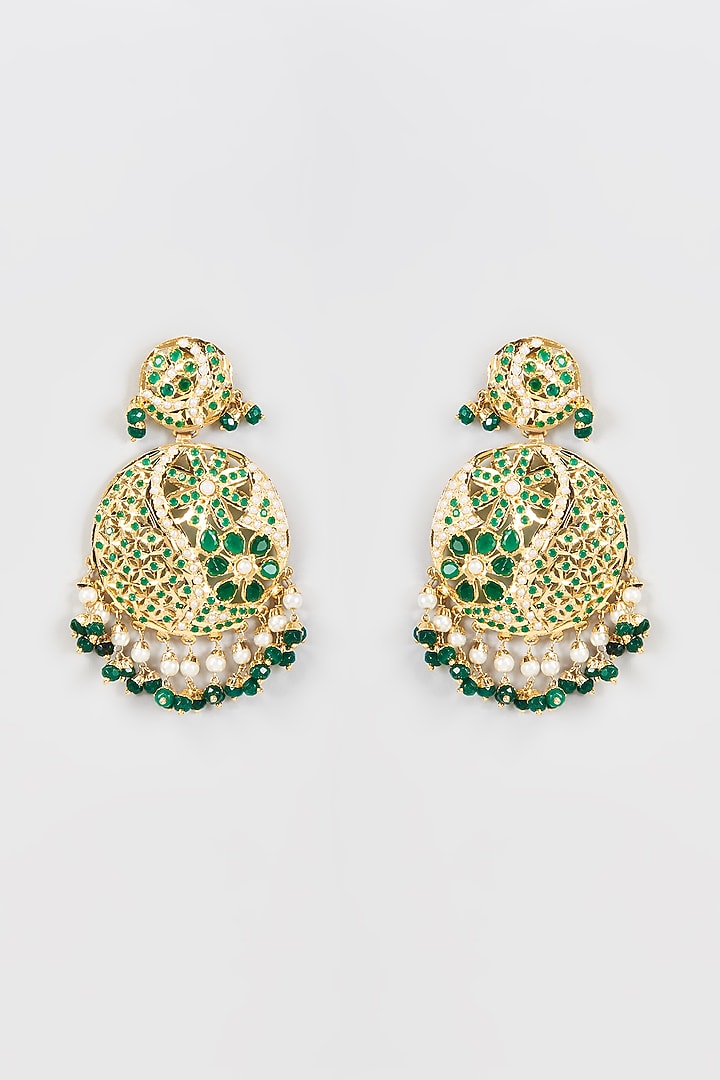 Gold Finish Kundan Polki & Green Beads Earrings by VASTRAA Jewellery at Pernia's Pop Up Shop