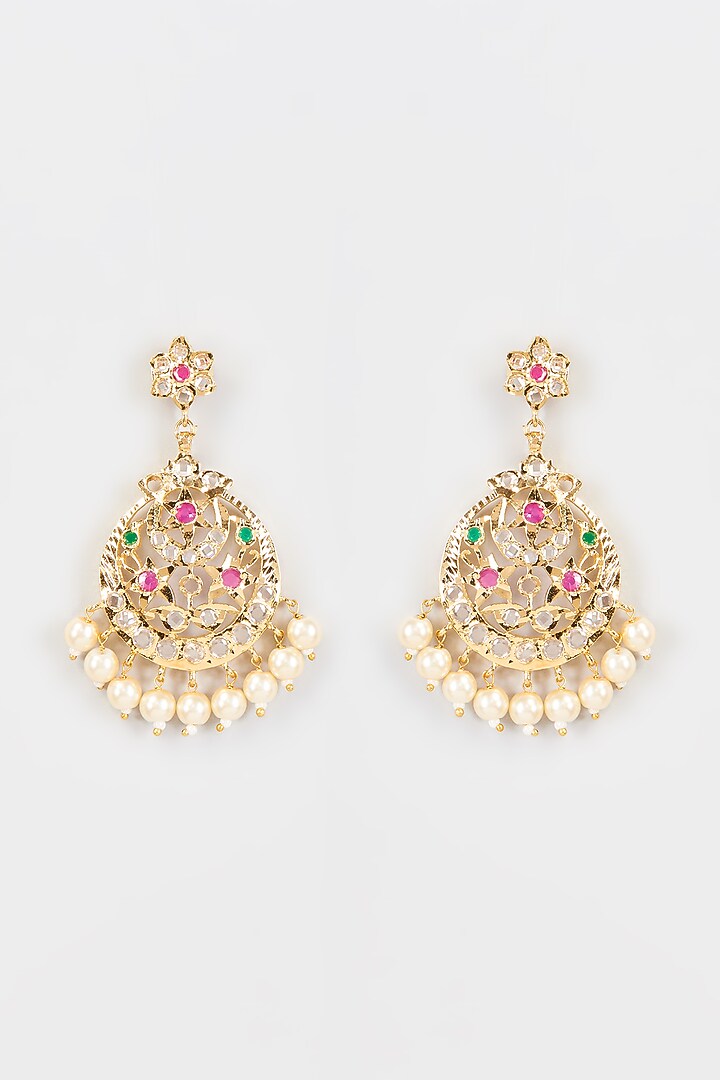 Gold Finish Kundan Polki Dangler Earrings by VASTRAA Jewellery at Pernia's Pop Up Shop