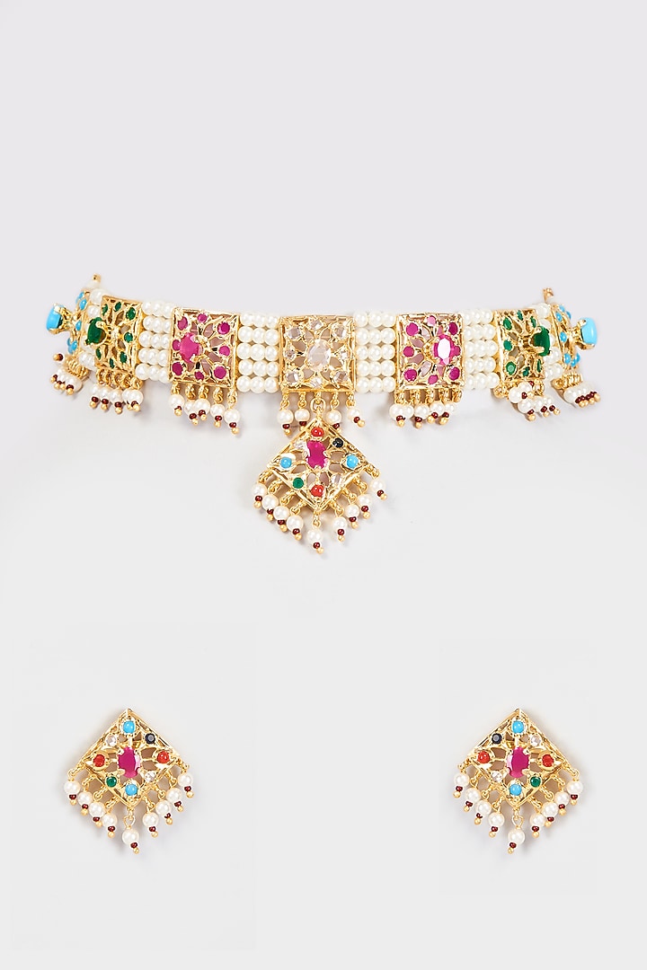Gold Finish Kundan Polki & Multi-Colored Stone Choker Necklace Set by VASTRAA Jewellery at Pernia's Pop Up Shop