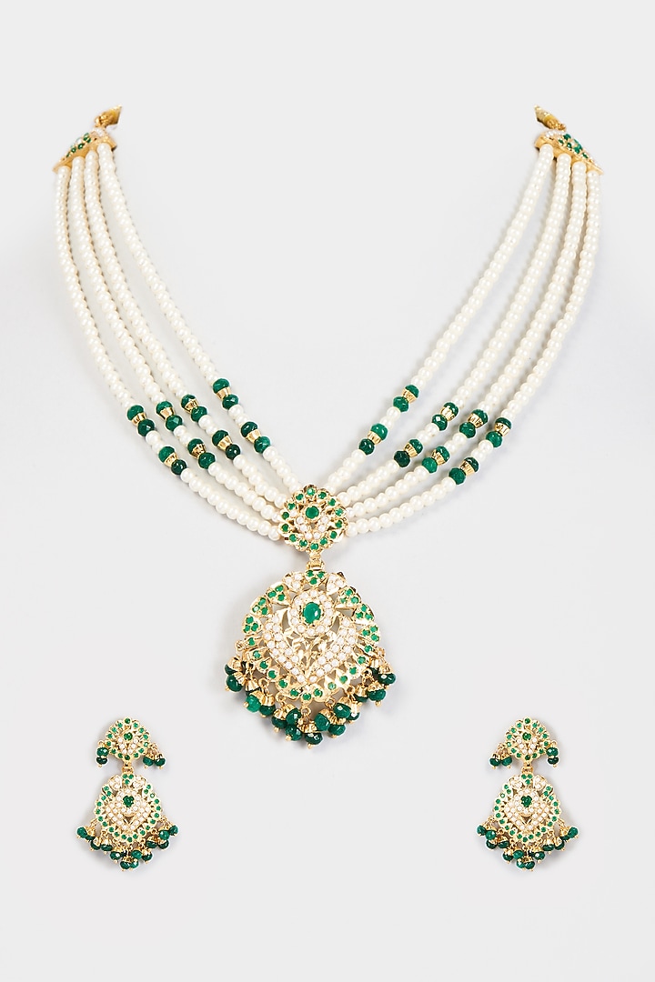 Gold Finish Kundan Polki & Emerald long Necklace Set by VASTRAA Jewellery at Pernia's Pop Up Shop