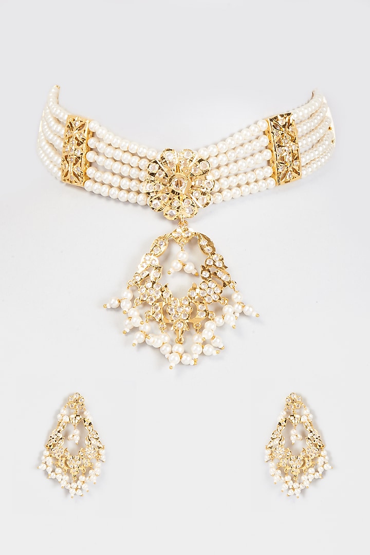 Gold Finish Kundan Polki & Pearl Choker Necklace Set by VASTRAA Jewellery at Pernia's Pop Up Shop