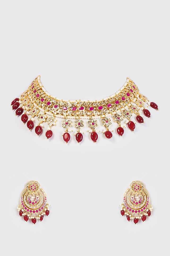 Gold Finish Kundan Polki & Ruby Stone Choker Necklace Set by VASTRAA Jewellery at Pernia's Pop Up Shop