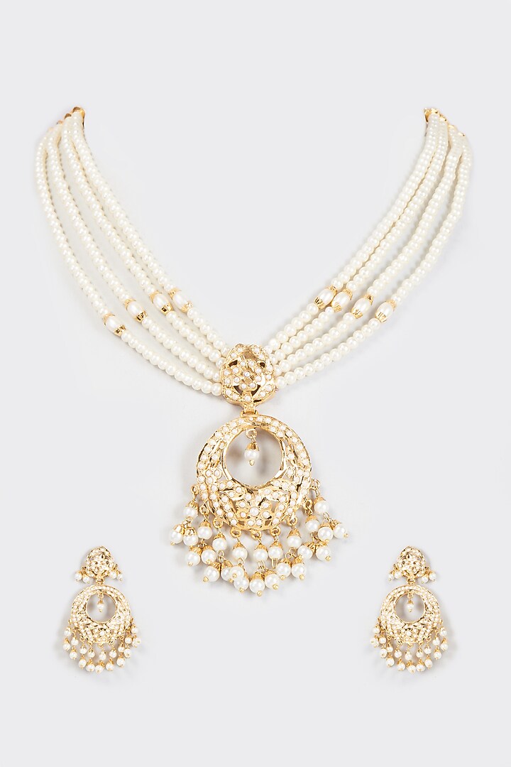 Gold Finish Kundan Polki & Pearl Long Necklace Set by VASTRAA Jewellery at Pernia's Pop Up Shop