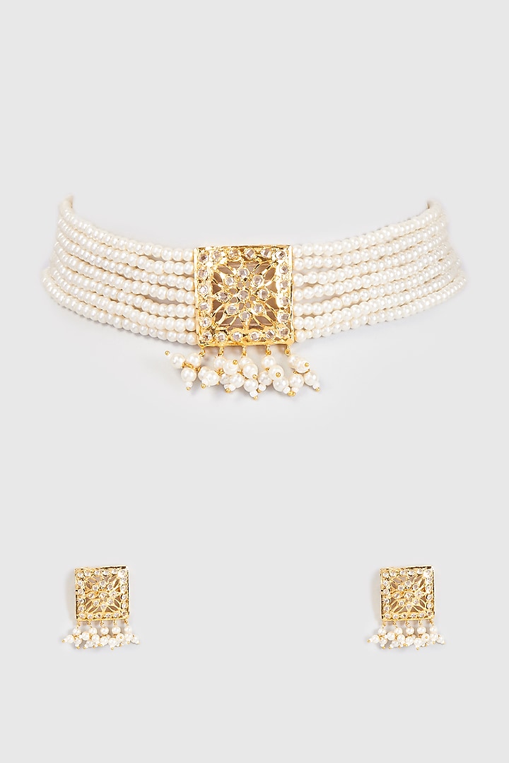 Gold Finish Kundan Polki & Pearl Choker Necklace Set by VASTRAA Jewellery at Pernia's Pop Up Shop