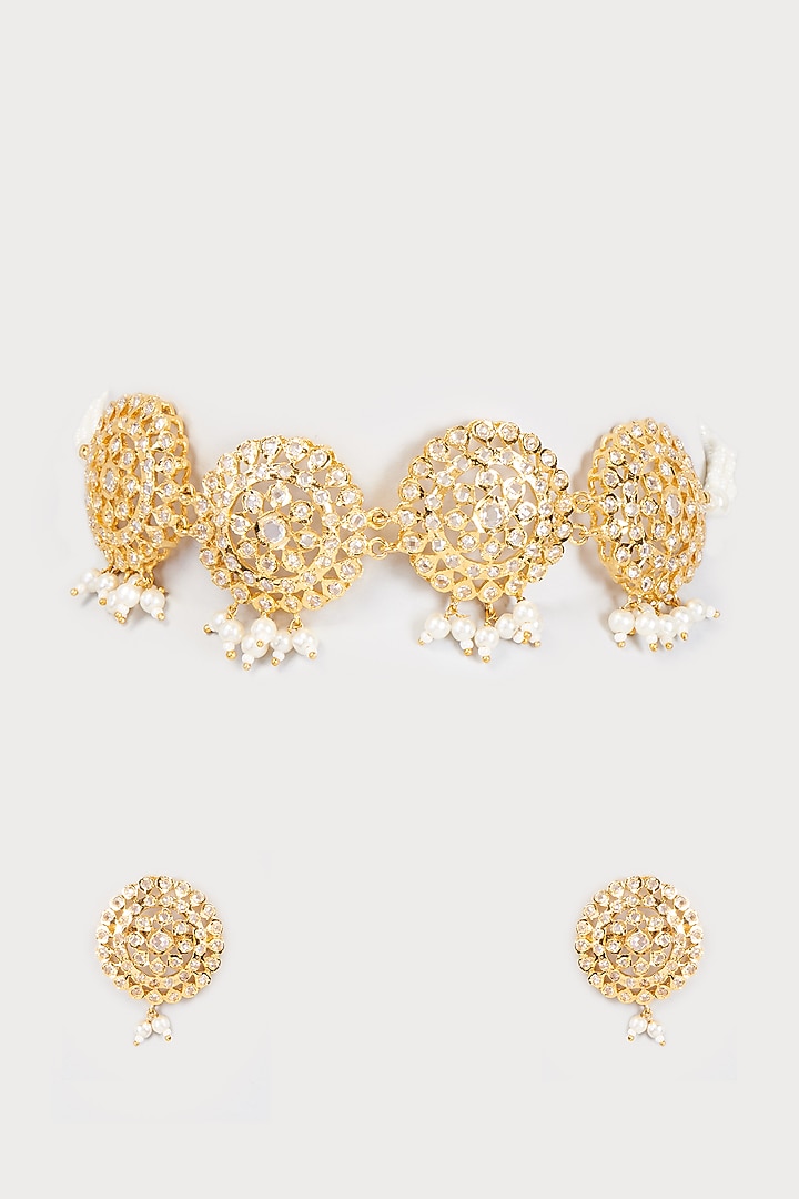 Gold Finish Kundan Polki & Pearl Choker Necklace Set by VASTRAA Jewellery at Pernia's Pop Up Shop