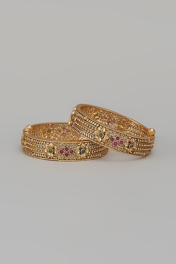 Gold Finish Kundan Polki & Multi-Colored Stone Temple Bangles (Set Of 2) by VASTRAA Jewellery at Pernia's Pop Up Shop