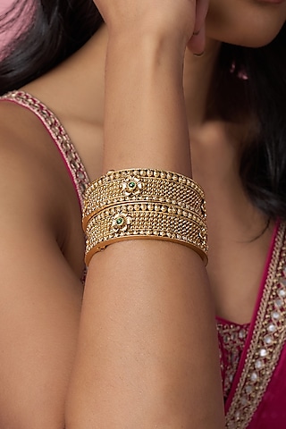 Gold Finish Kundan Polki & Multi-Colored Stone Temple Bangles (Set Of 2) by VASTRAA Jewellery