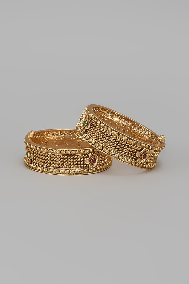Gold Finish Kundan Polki & Multi-Colored Stone Temple Bangles (Set Of 2) by VASTRAA Jewellery at Pernia's Pop Up Shop