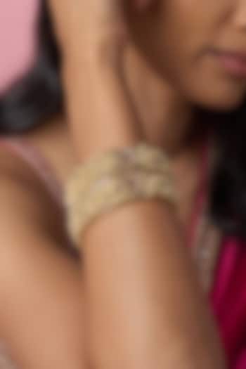 Gold Finish Pearl & Red Stone Temple Bangles (Set Of 2) by VASTRAA Jewellery at Pernia's Pop Up Shop