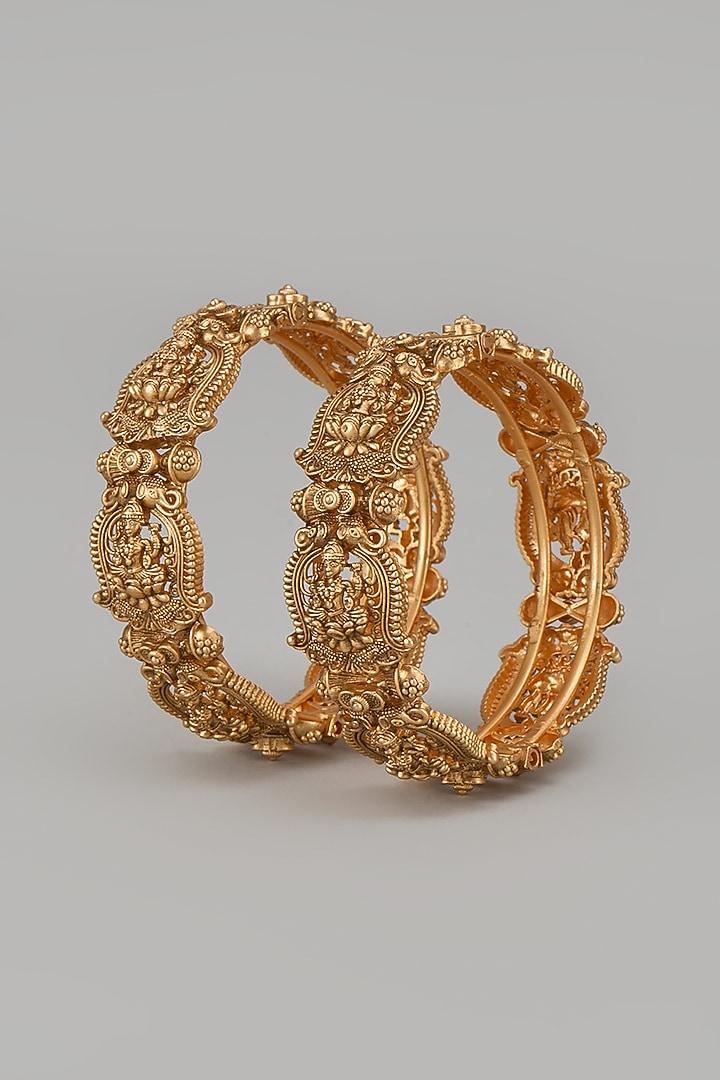 Gold Finish Kundan Polki Temple Bangles (Set Of 2) by VASTRAA Jewellery at Pernia's Pop Up Shop