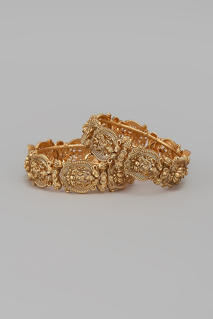 Gold Finish Kundan Polki Temple Bangles (Set Of 2) by VASTRAA Jewellery at Pernia's Pop Up Shop