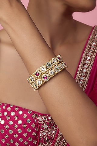 Gold Finish Kundan Polki & Multi-Colored Stone Temple Bangles (Set Of 2) by VASTRAA Jewellery