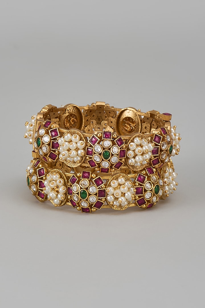 Gold Finish Kundan Polki & Multi-Colored Stone Temple Bangles (Set Of 2) by VASTRAA Jewellery at Pernia's Pop Up Shop