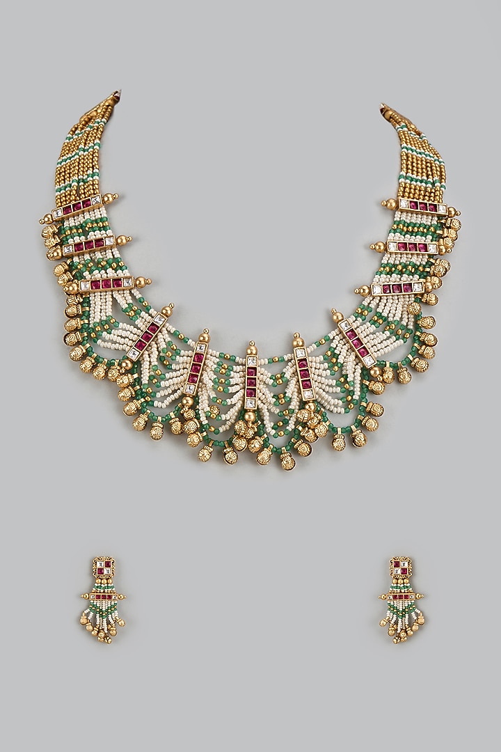 Gold Finish Kundan Polki & Multi-Colored Stone Temple Necklace Set by VASTRAA Jewellery at Pernia's Pop Up Shop