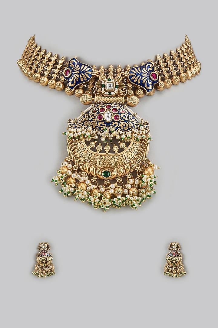 Gold Finish Kundan Polki & Multi-Colored Stone Temple Choker Necklace Set by VASTRAA Jewellery at Pernia's Pop Up Shop