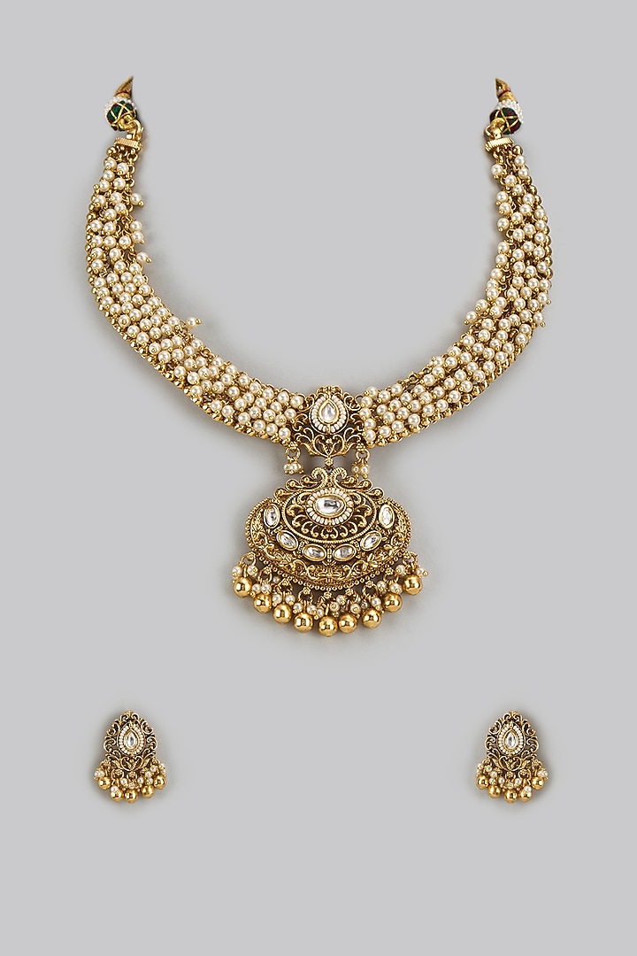 Gold Finish Kundan Polki & Pearl Temple Long Necklace Set by VASTRAA Jewellery at Pernia's Pop Up Shop