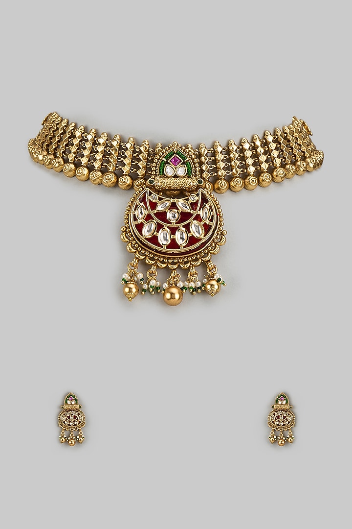 Gold Finish Temple Choker Necklace Set by VASTRAA Jewellery at Pernia's Pop Up Shop