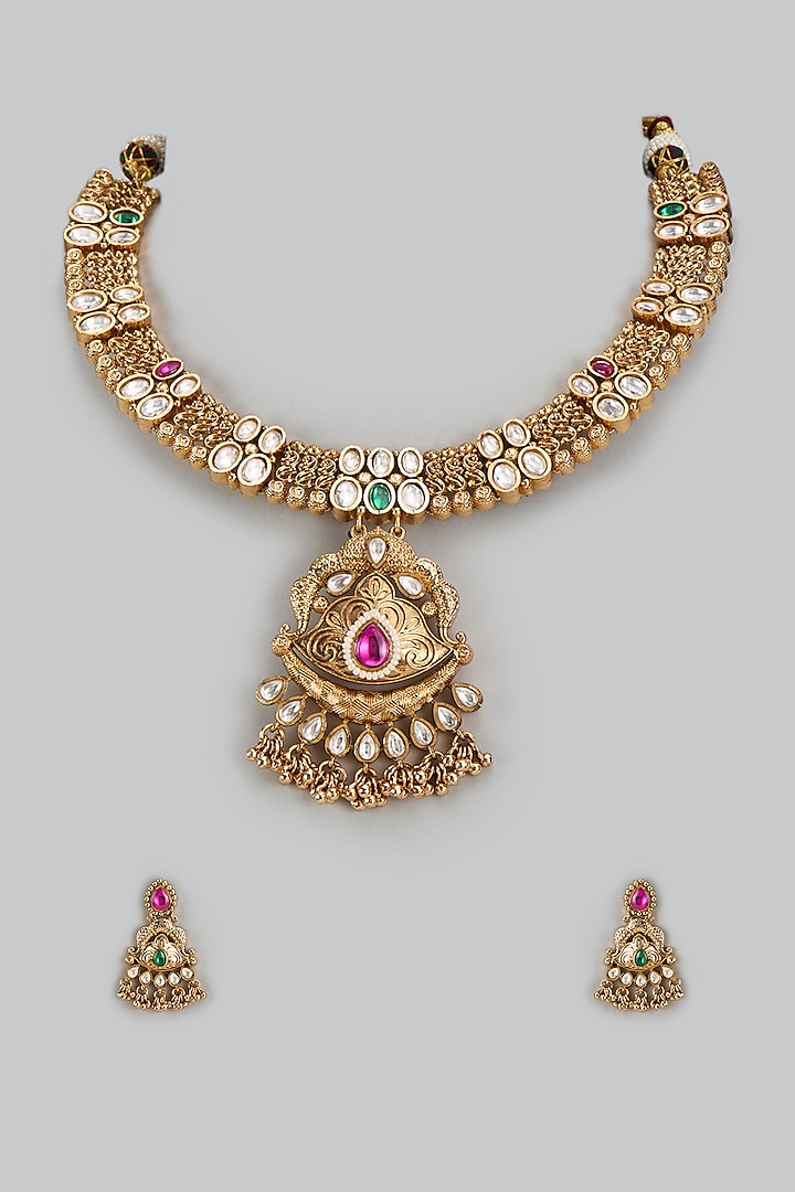 Gold Finish Kundan Polki & Multi-Colored Stone Temple Necklace Set by VASTRAA Jewellery at Pernia's Pop Up Shop