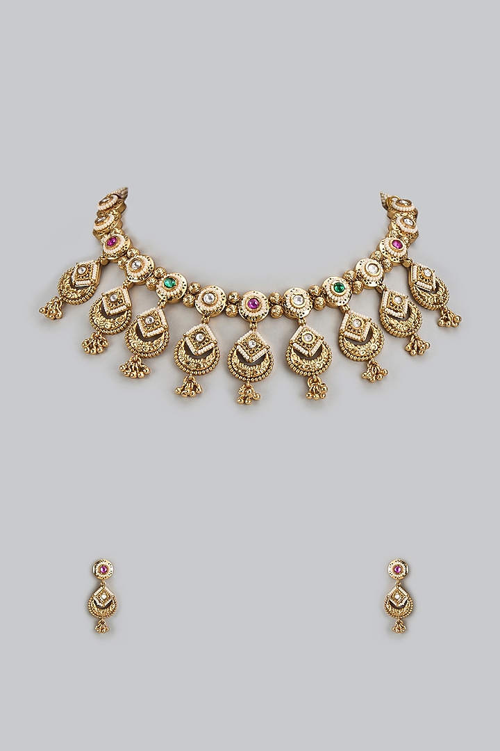 Gold Finish Kundan Polki & Multi-Colored Stone Temple Layered Necklace Set by VASTRAA Jewellery at Pernia's Pop Up Shop