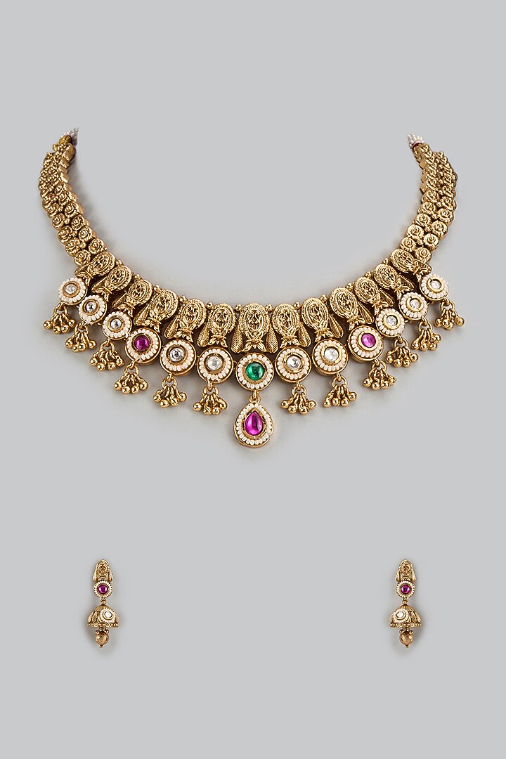 Gold Finish Kundan Polki & Multi-Colored Stone Temple Necklace Set by VASTRAA Jewellery at Pernia's Pop Up Shop
