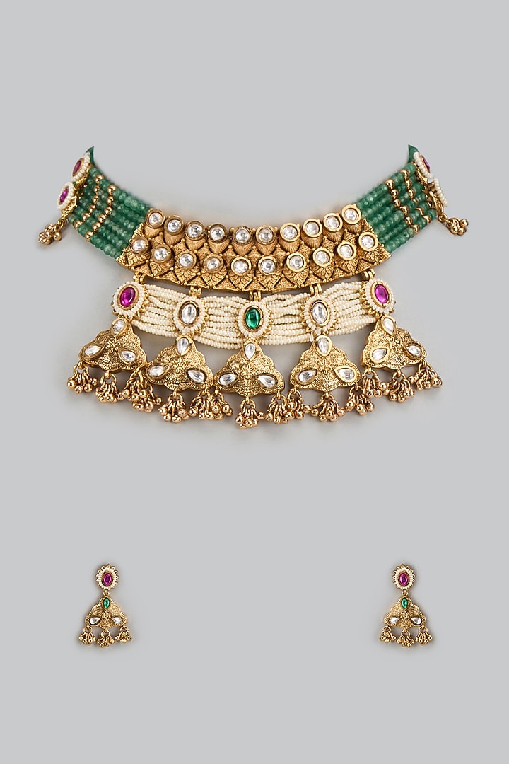 Gold Finish Kundan Polki & Multi-Colored Stone Temple Choker Necklace Set by VASTRAA Jewellery at Pernia's Pop Up Shop