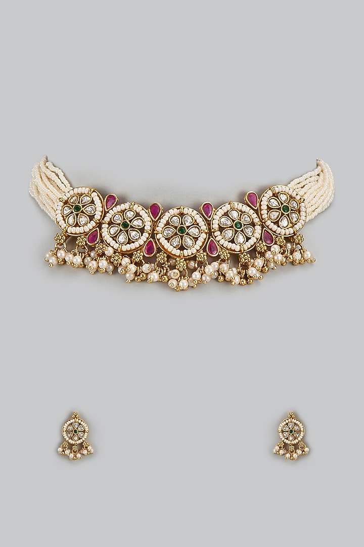 Gold Finish Kundan Polki & Red Stone Temple Choker Necklace Set by VASTRAA Jewellery at Pernia's Pop Up Shop